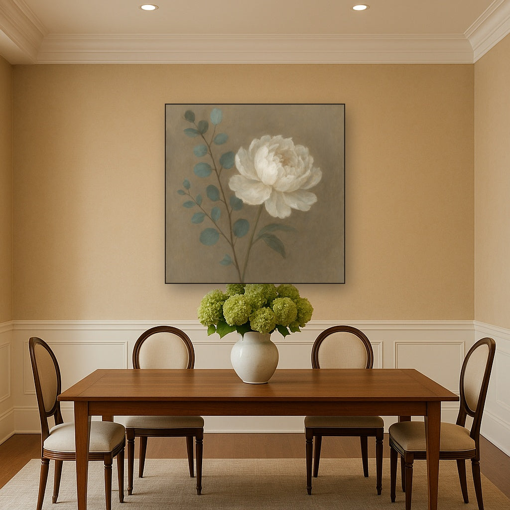 Eucalyptus & White Peony Minimalist Flora No. 13 Fine Art Oil Painting - View 4