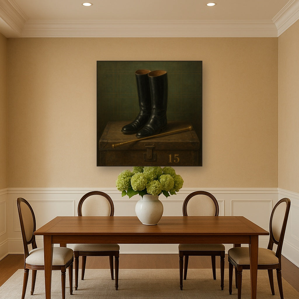 Vintage Riding Boots & Brass Crop on Trunk No. 15 Oil Painting - View 4