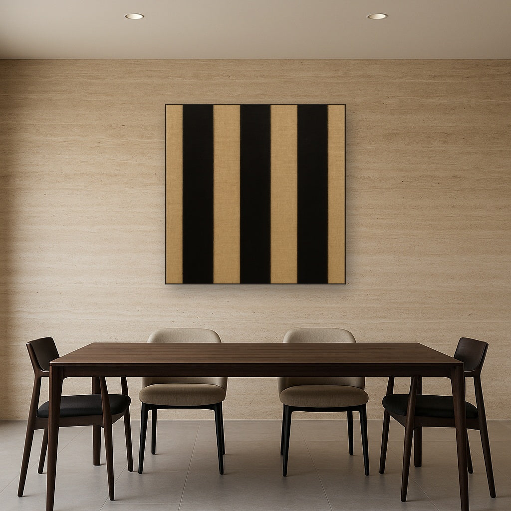 Minimalist Black Stripe & Raw Linen Rhythm No. 3 Fine Art Oil Painting - View 4