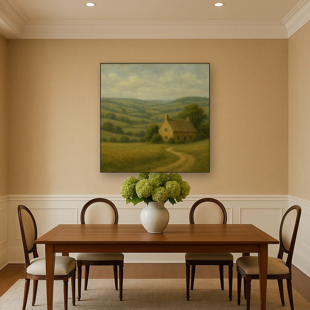 Rolling Cotswold Hills & Stone Cottage Oil Painting - View 4