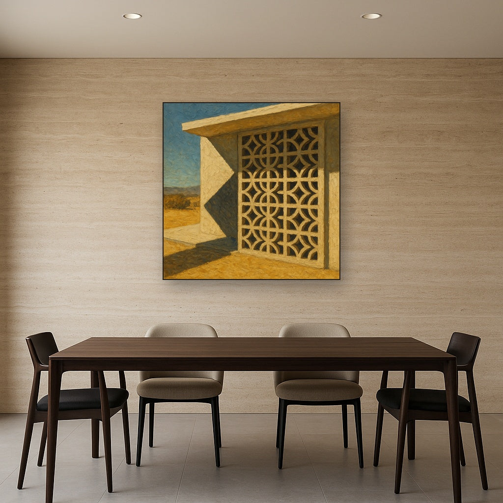 Desert Modern Breeze Block Shadow Oil Painting - Styled in Elegant Dining Room
