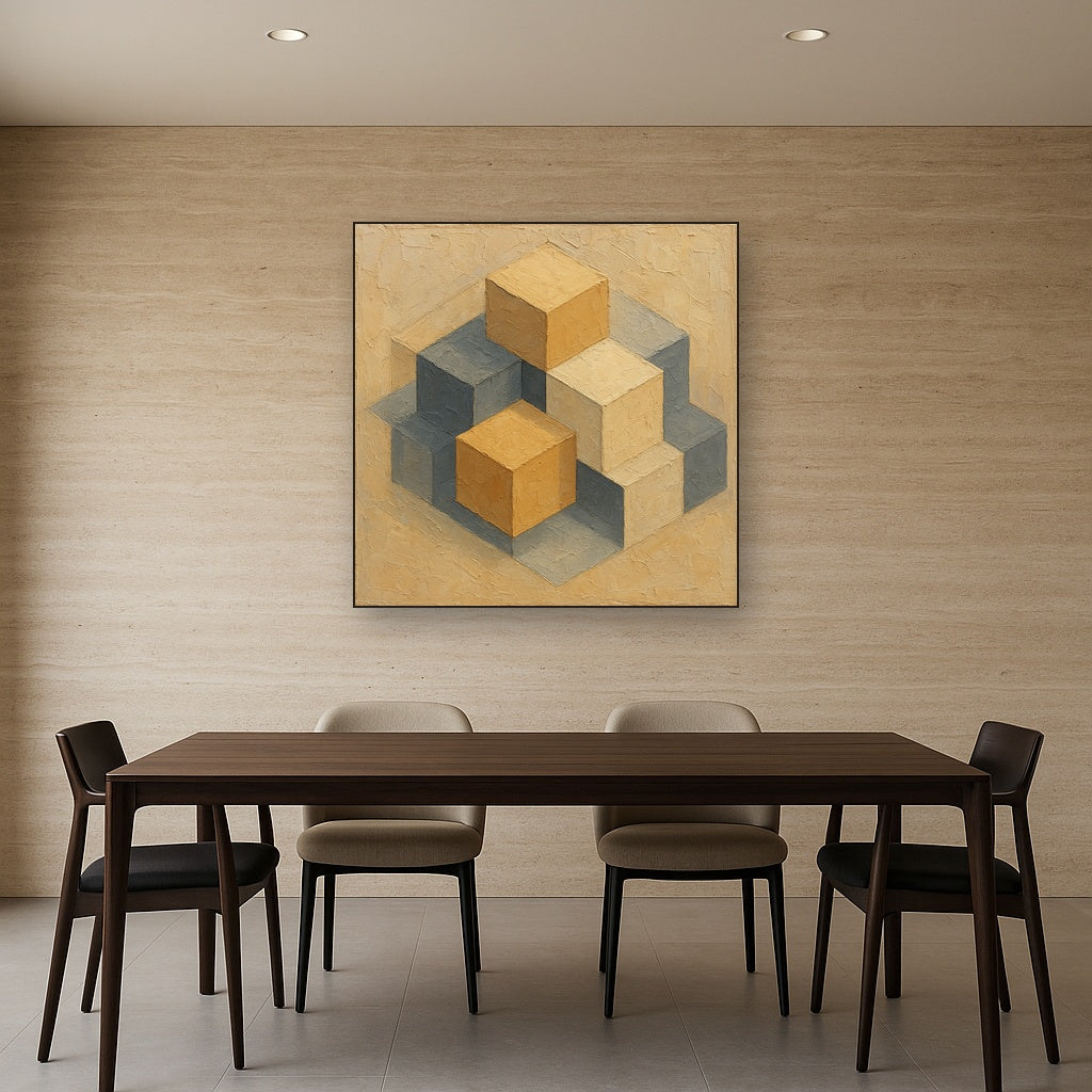 Concentric Cube Geometry Oil Painting - Styled in Elegant Dining Room