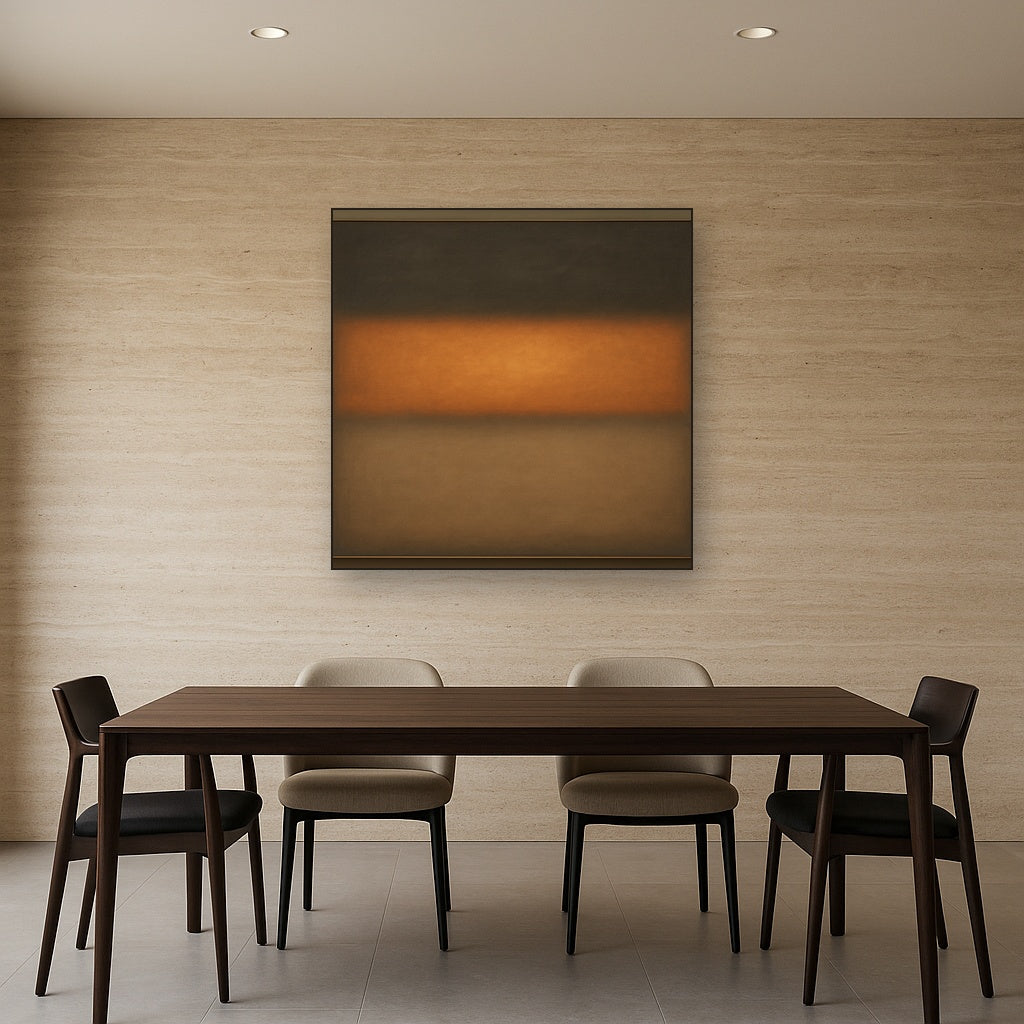Charcoal Slate & Burnished Copper Horizon No. 8 Oil Painting Staged Above Dining Room Credenza, Elegant Hand Painted Oil Art for Dining Room Walls