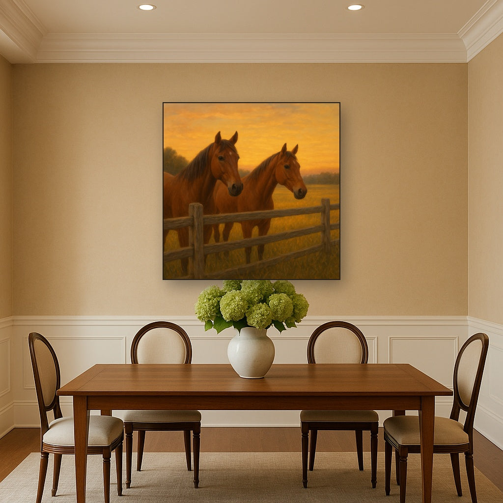 Two Horses at Rustic Post & Rail Fence No. 18 Oil Painting Staged Above Dining Room Credenza, Elegant Hand Painted Oil Art for Dining Room Walls