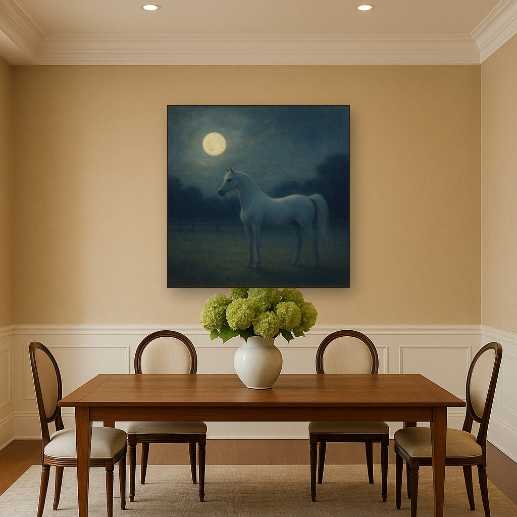 Moonlit Paddock with White Arabian Silhouette No. 16 Oil Painting - View 4