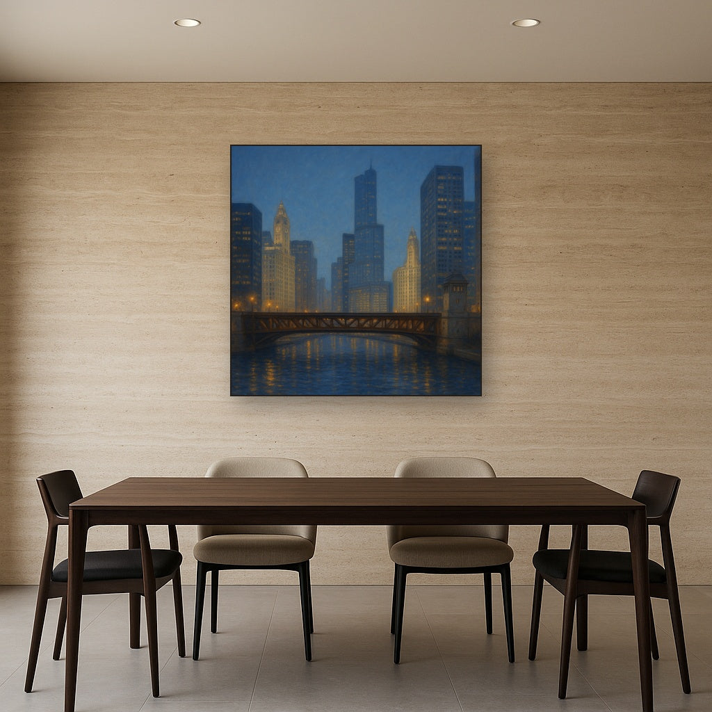 Chicago Riverfront Architecture at Blue Hour No. 17 Oil Painting - View 4