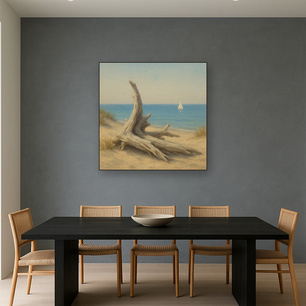 Sun-Bleached Driftwood & Distant Sailboat No. 17 Oil Painting - View 4