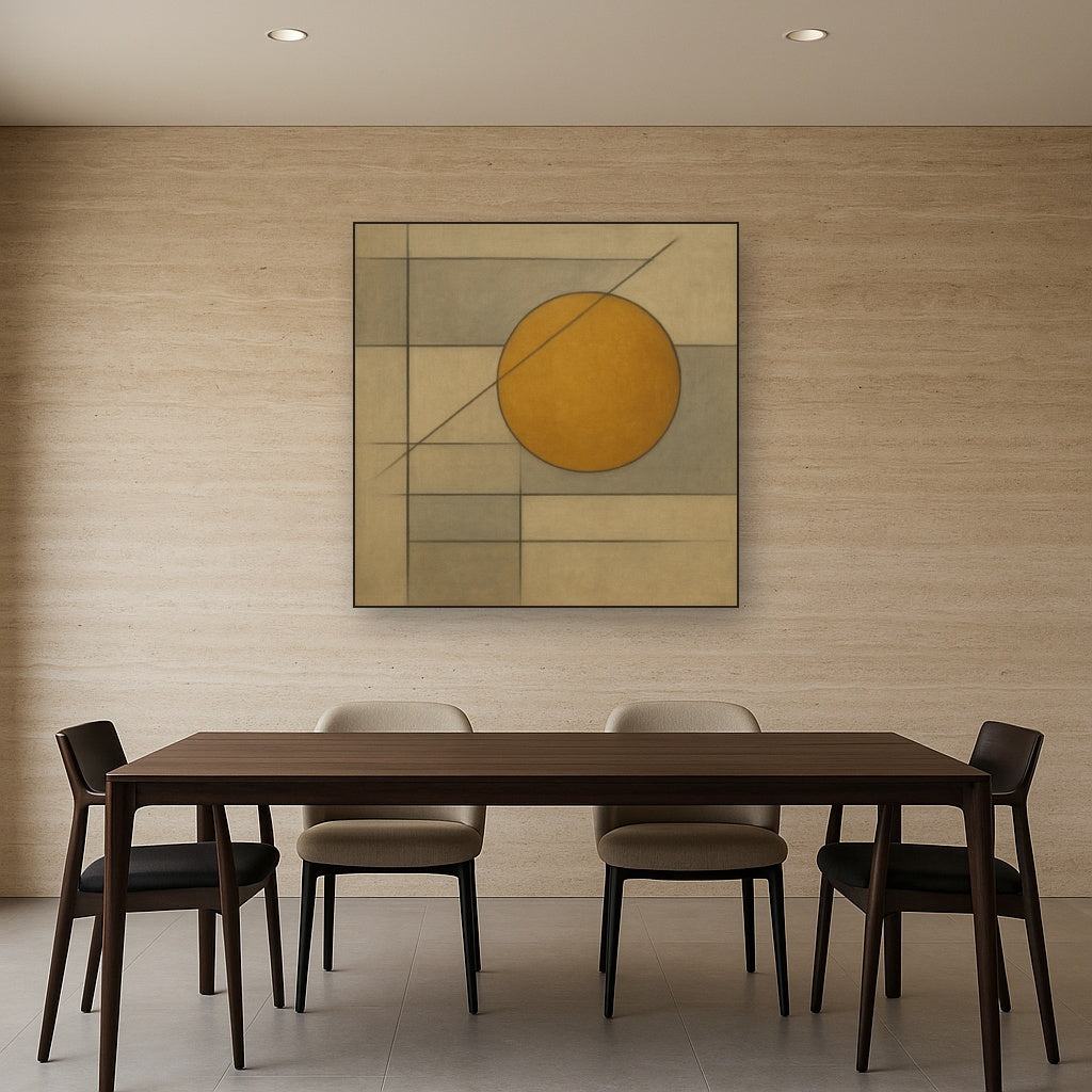 Abstract Tangent Lines & Earthy Ochre Disc No. 15 Oil Painting Staged Above Dining Room Credenza, Elegant Hand Painted Oil Art for Dining Room Walls