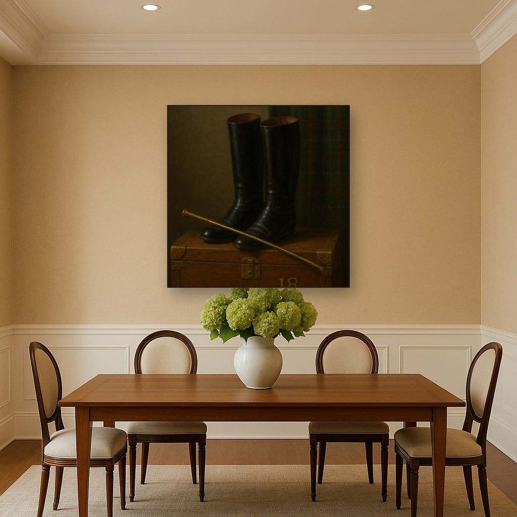 Vintage Riding Boots & Brass Crop on Trunk No. 18 Oil Painting Staged Above Dining Room Credenza, Elegant Hand Painted Oil Art for Dining Room Walls