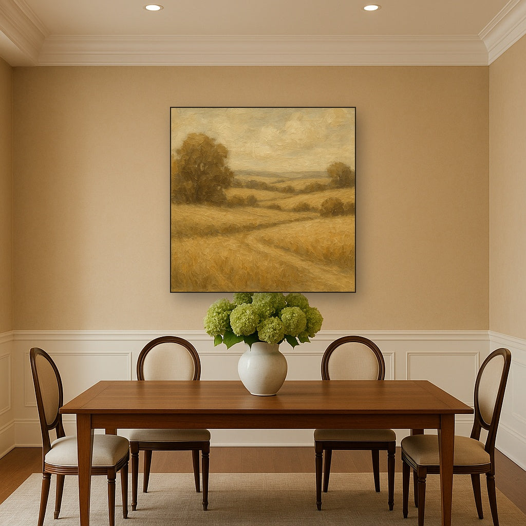 Earthy Linen Plaster Countryside Calm No. 5 Oil Painting - Styled in Elegant Dining Room