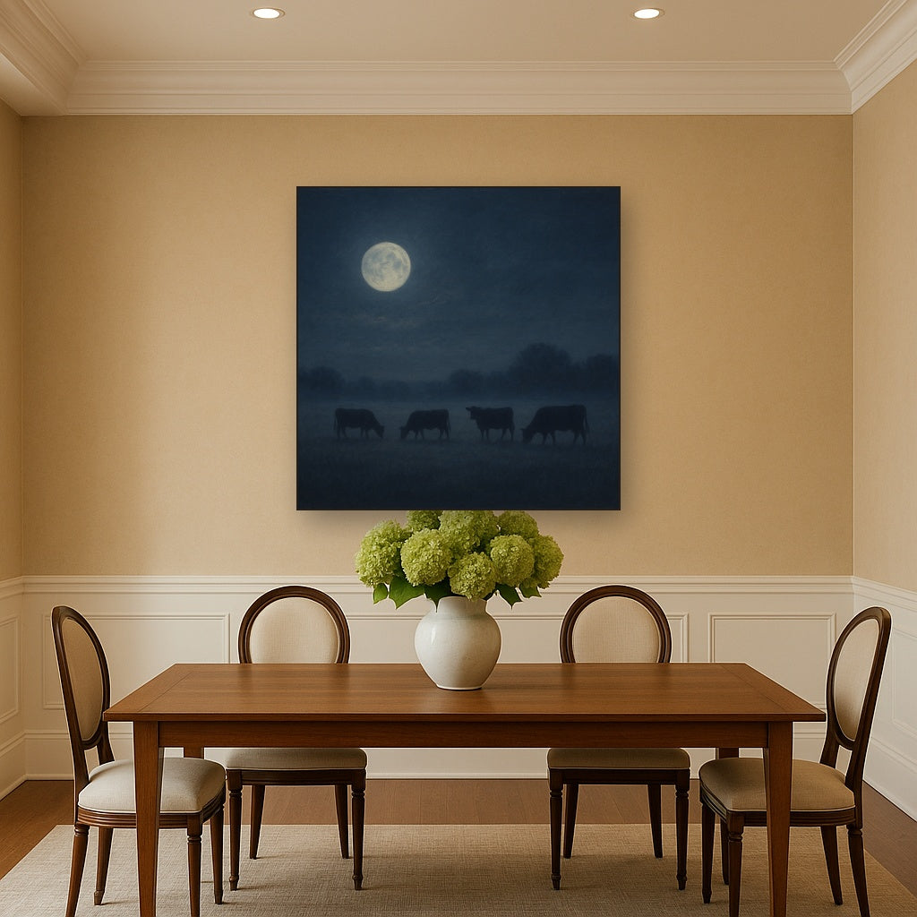 Moonlit Pastoral Meadow & Cattle Silhouettes No. 6 Oil Painting - View 4