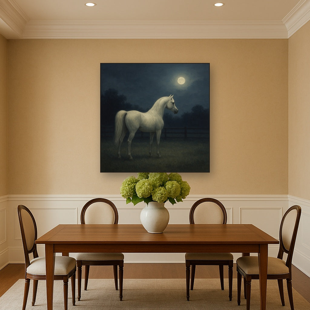 Moonlit Paddock with White Arabian Silhouette No. 6 Oil Painting - View 4