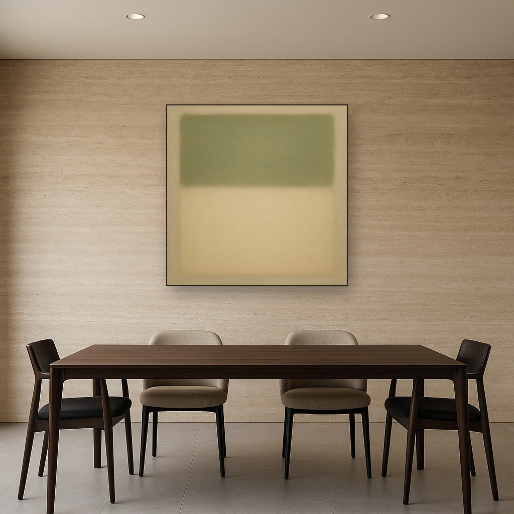 Sage Olive & Pale Sandstone Minimalist Harmony No. 28 Oil Painting Staged Above Dining Room Credenza, Elegant Hand Painted Oil Art for Dining Room Walls
