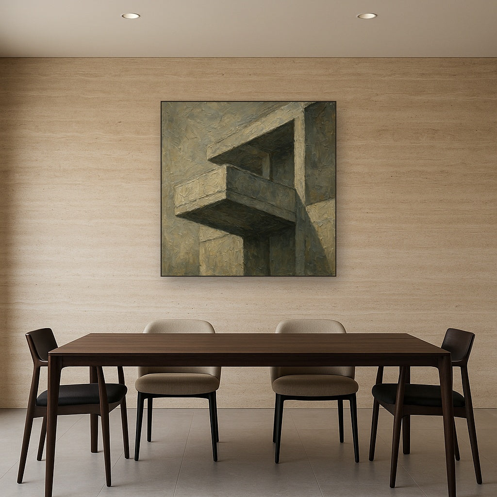 Brutalist Cantilevered Balcony Study No. 6 Oil Painting - Styled in Elegant Dining Room