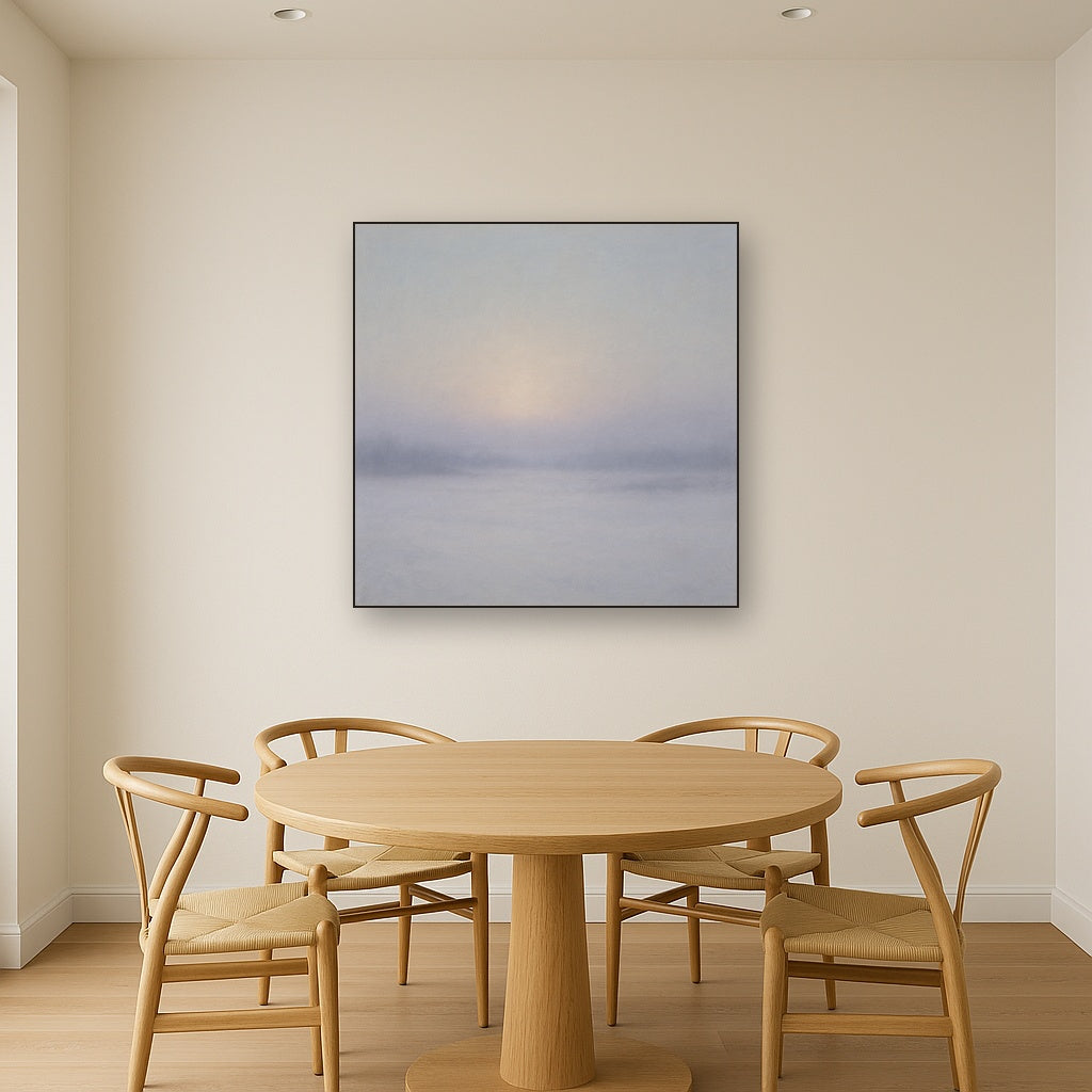 Winter Dawn Frost & Pale Silver Light No. 6 Oil Painting Staged Above Dining Room Credenza, Elegant Hand Painted Oil Art for Dining Room Walls