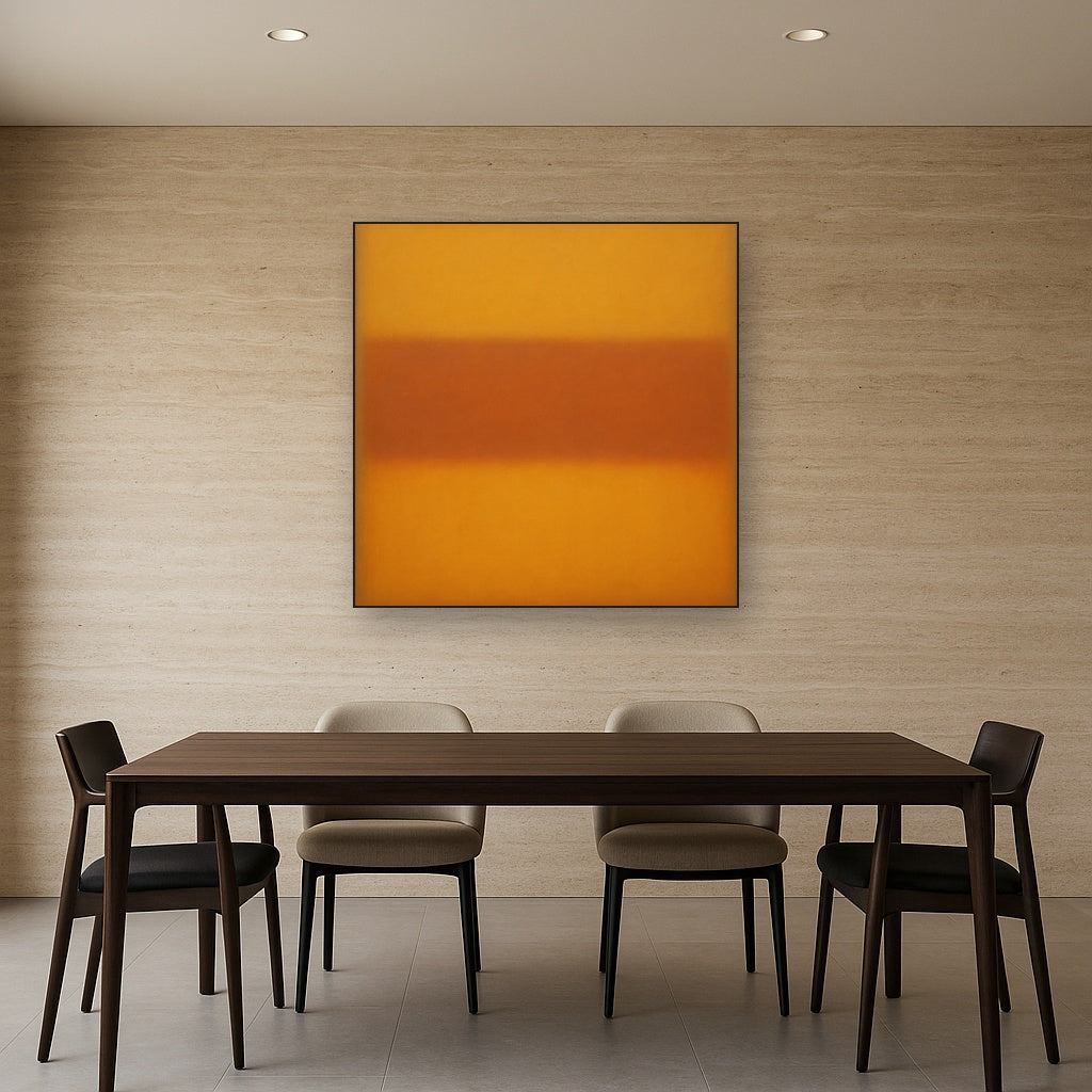 Luminous Ochre & Terracotta Horizon Color Field No. 15 Oil Painting Staged Above Dining Room Credenza, Elegant Hand Painted Oil Art for Dining Room Walls