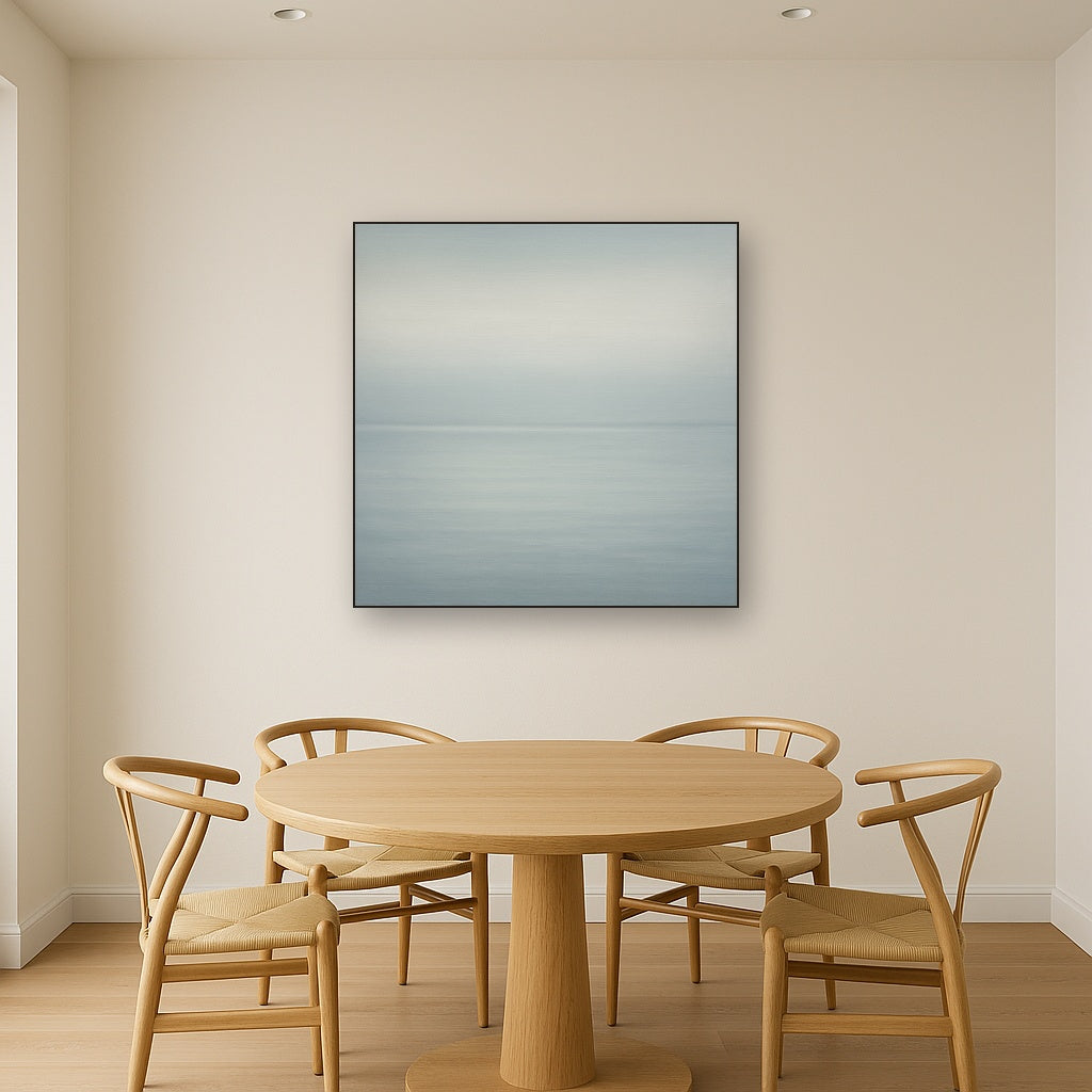 Glass Horizon over Quiet Arctic Waters No. 22 Oil Painting Staged Above Dining Room Credenza, Elegant Hand Painted Oil Art for Dining Room Walls