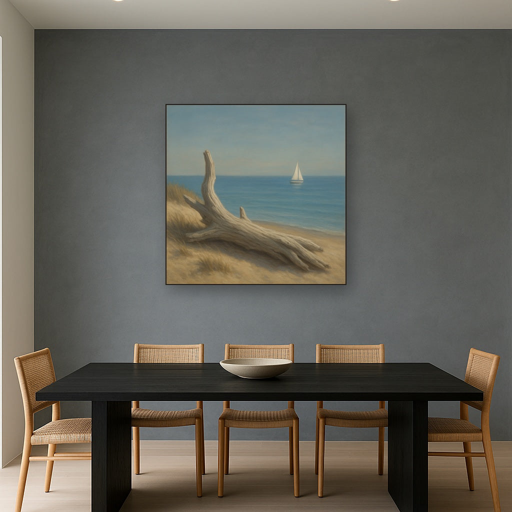 Sun-Bleached Driftwood & Distant Sailboat No. 8 Oil Painting - View 4