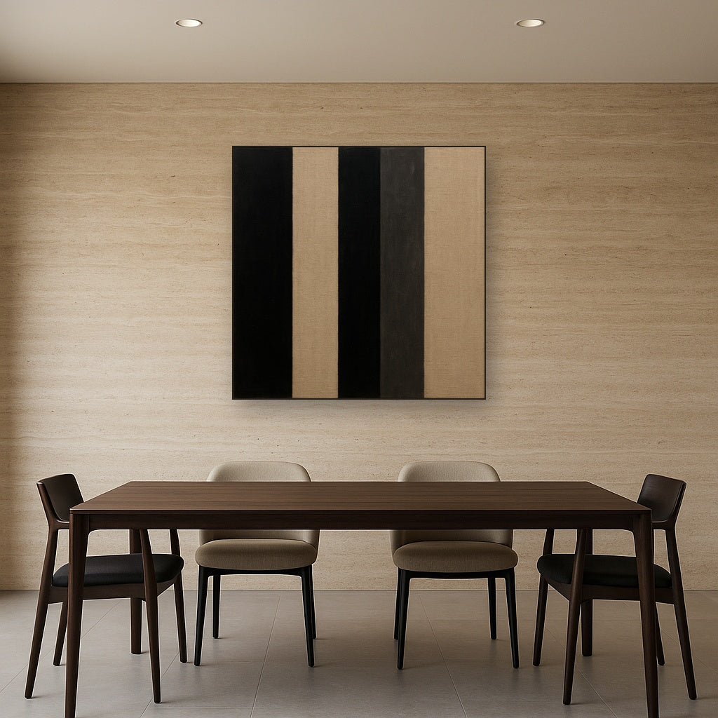 Minimalist Black Stripe & Raw Linen Rhythm No. 15 Fine Art Oil Painting - View 4