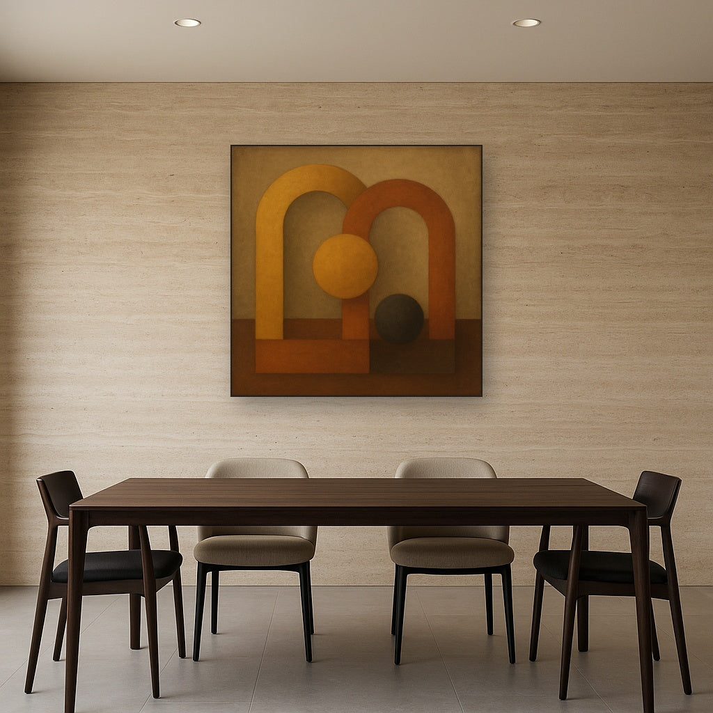Arch & Circle Equilibrium in Warm Earth Tones No. 22 Oil Painting Staged Above Dining Room Credenza, Elegant Hand Painted Oil Art for Dining Room Walls