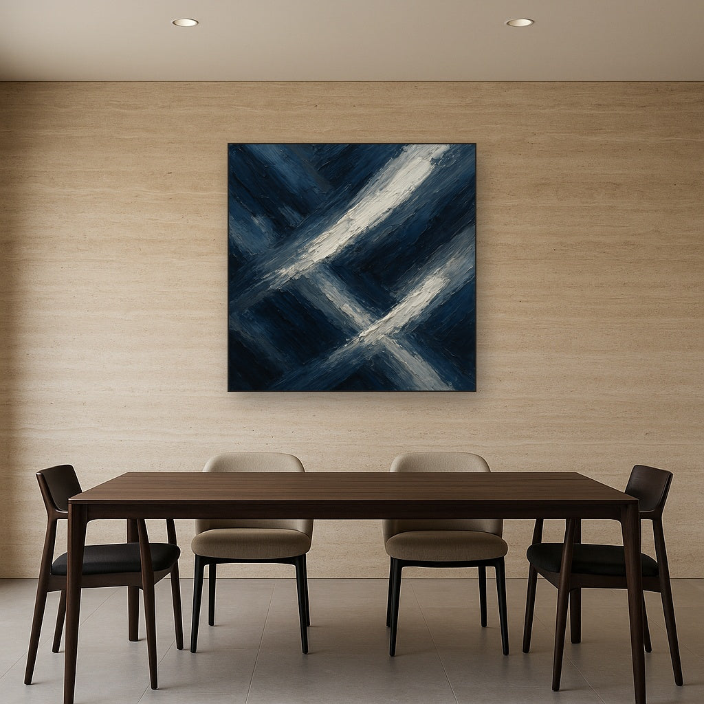 Prussian Indigo Sweep Modern Abstract Oil Painting - Styled in Elegant Dining Room
