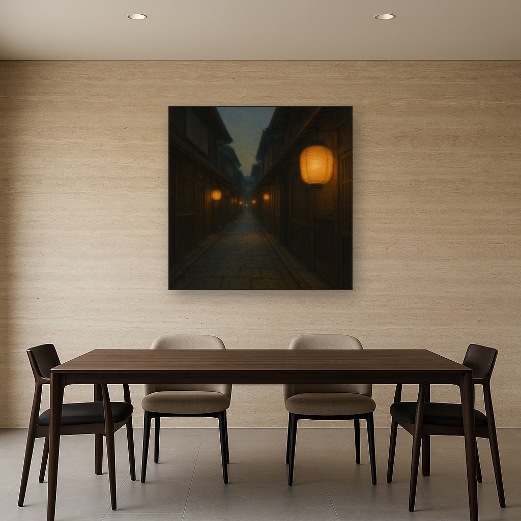 Old Kyoto Gion Alley in Soft Lantern Light No. 3 Oil Painting Staged Above Dining Room Credenza, Elegant Hand Painted Oil Art for Dining Room Walls
