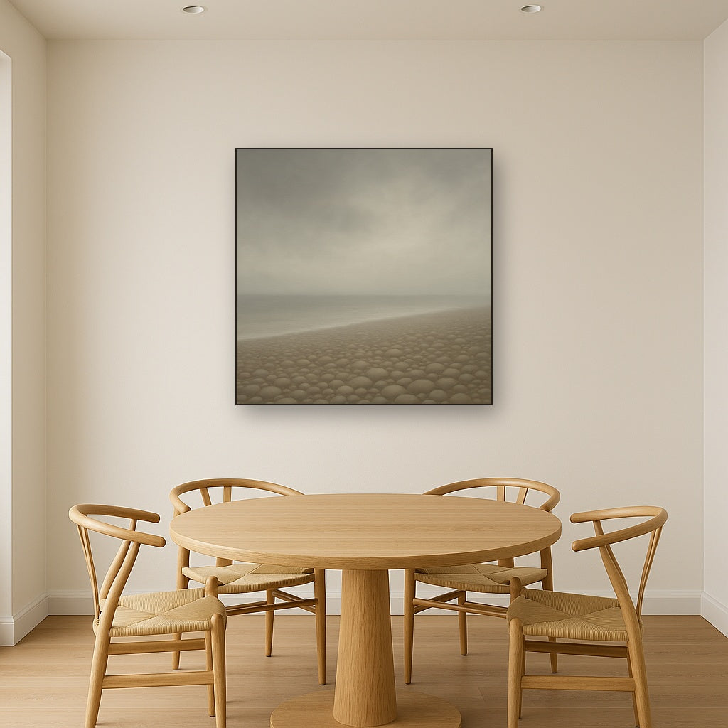 Overcast Coastal Fog & Wet Pebble Shingle No. 21 Oil Painting Staged Above Dining Room Credenza, Elegant Hand Painted Oil Art for Dining Room Walls