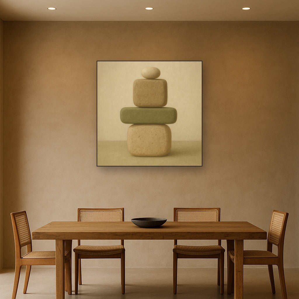 Muted Olive & Sandstone Geometric Balance No. 20 Oil Painting Staged Above Dining Room Credenza, Elegant Hand Painted Oil Art for Dining Room Walls