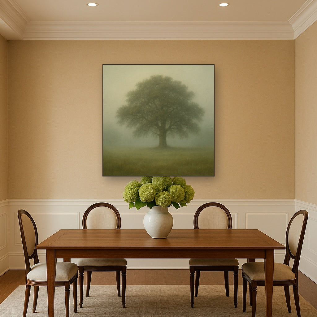 Ancient Solitary Oak in Morning Fog No. 6 Oil Painting - View 4