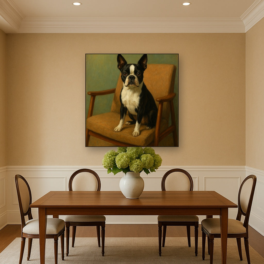 Boston Terrier in Warm Mid-Century Armchair Fine Art Oil Painting - View 4