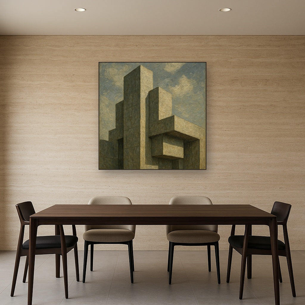 Brutalist Concrete Monolith & Sky No. 3 Oil Painting - Styled in Elegant Dining Room