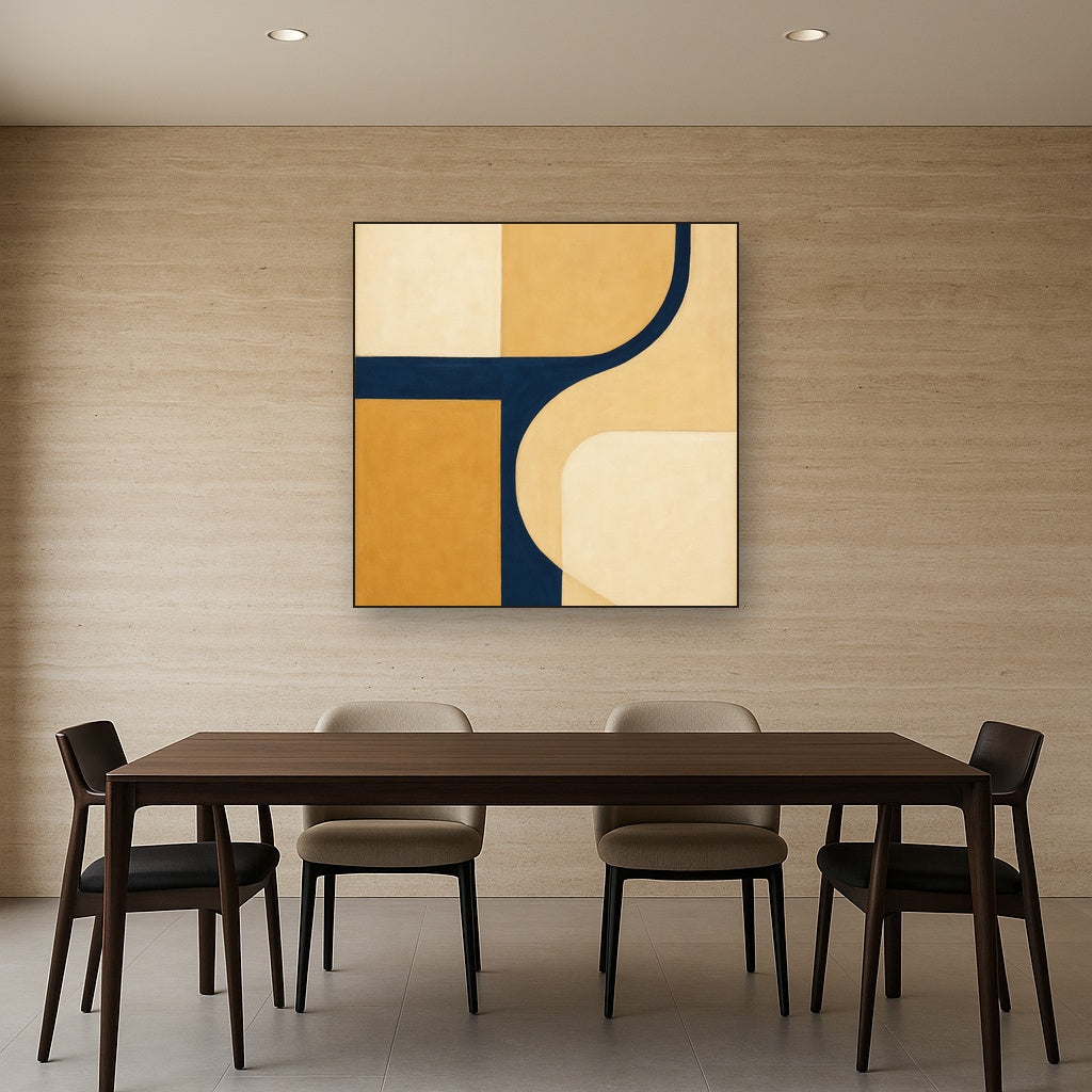 Navy & Warm Beige Geometric Line Balance No. 2 Fine Art Oil Painting - View 4
