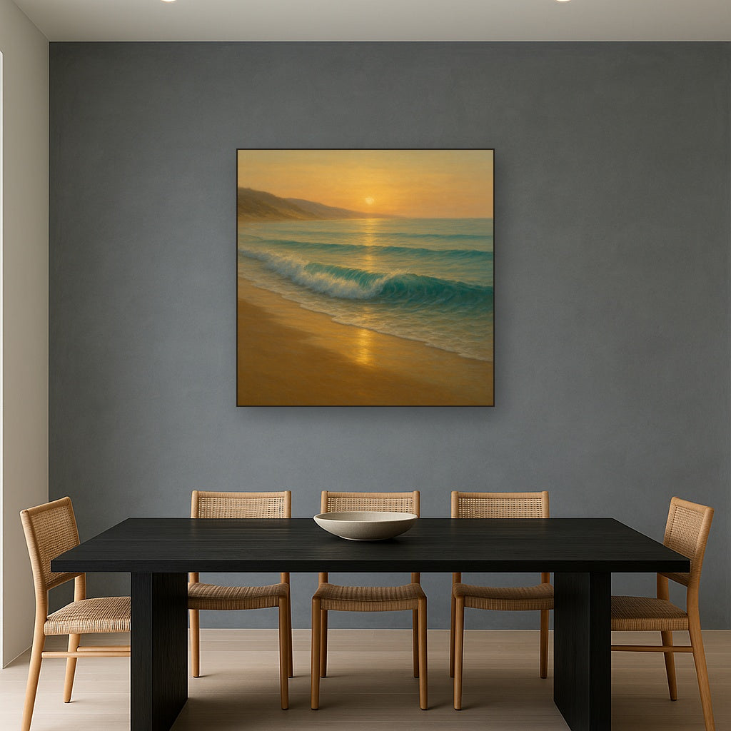 Gentle Breaking Waves & Wet Beach Reflection No. 12 Oil Painting Staged Above Dining Room Credenza, Elegant Hand Painted Oil Art for Dining Room Walls