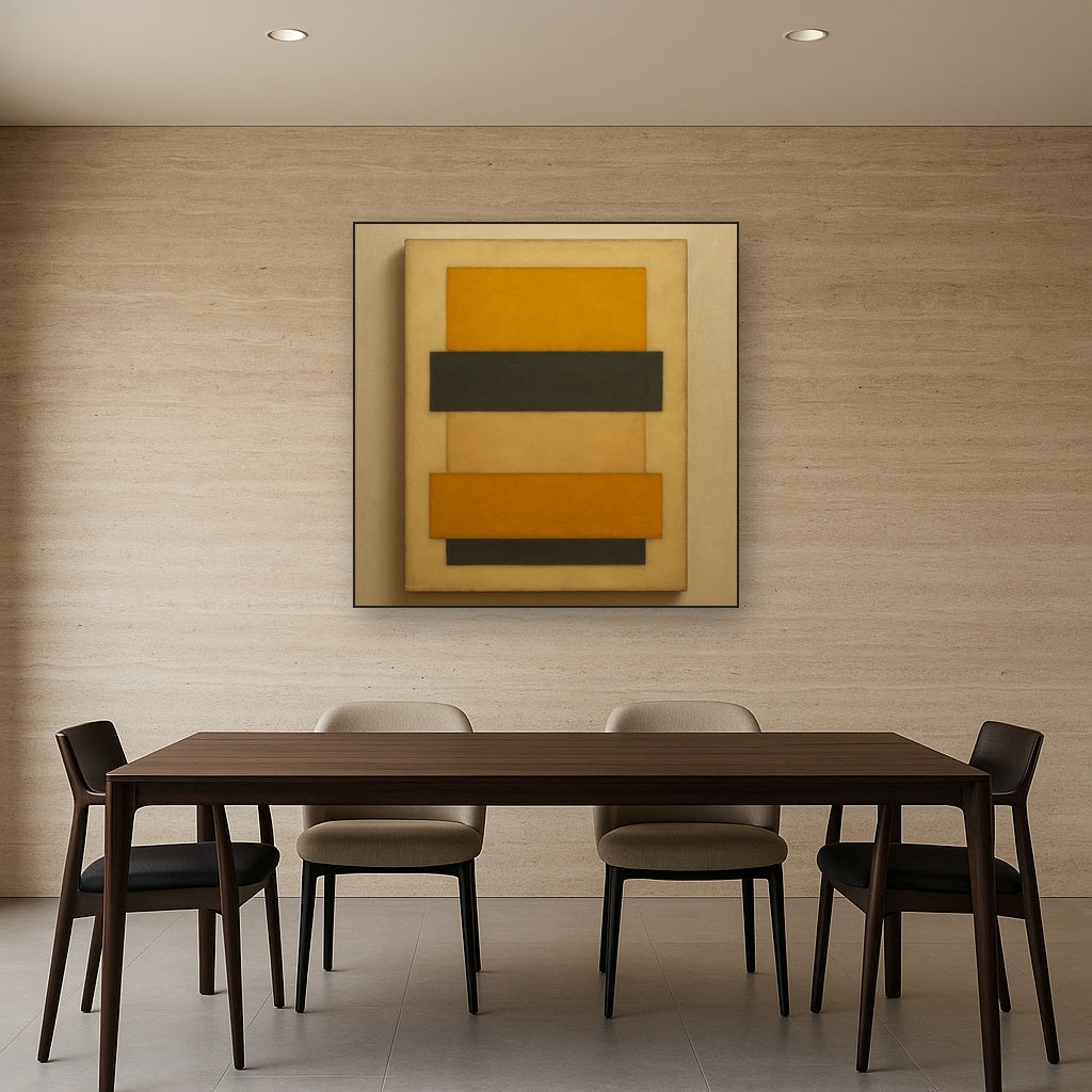 Stacked Horizon Blocks in Mustard & Charcoal No. 19 Oil Painting Staged Above Dining Room Credenza, Elegant Hand Painted Oil Art for Dining Room Walls