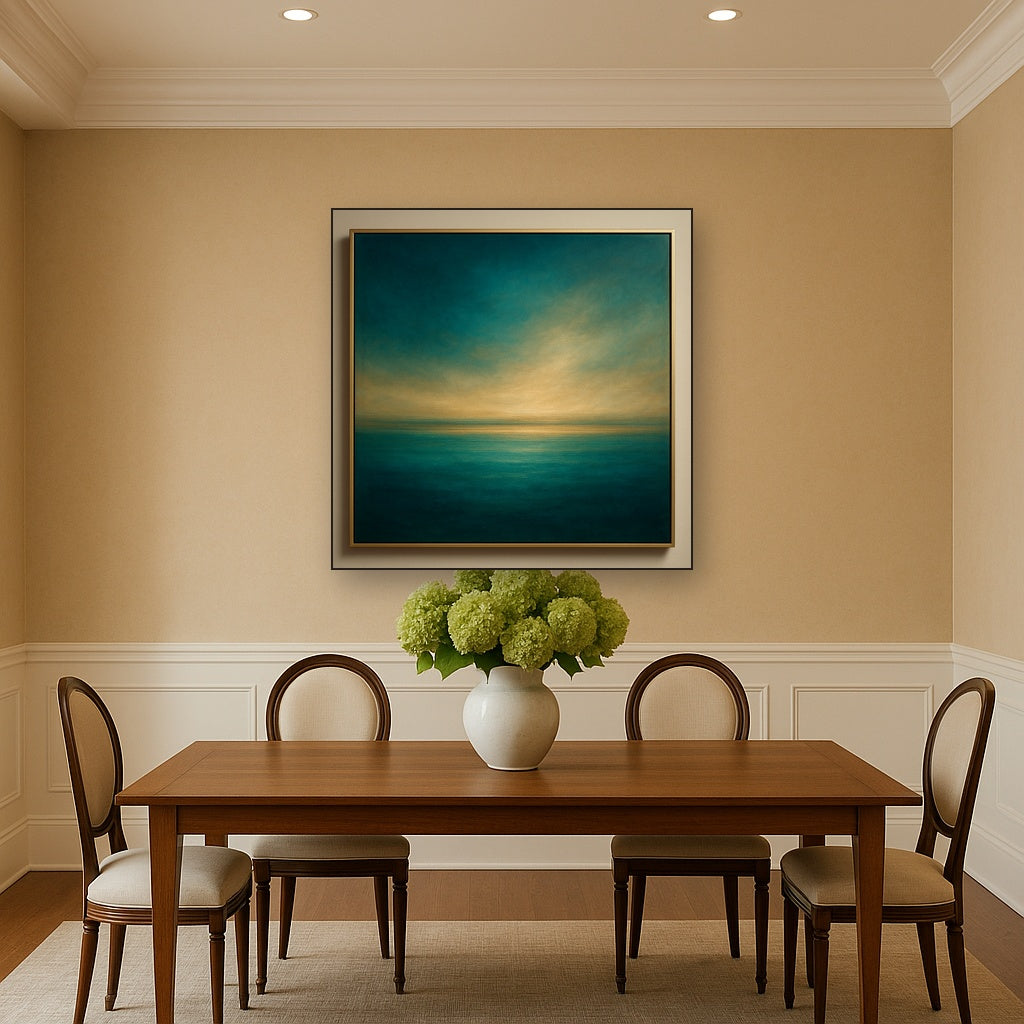 Peacock Teal & Champagne Gold Horizon No. 7 Oil Painting - View 4