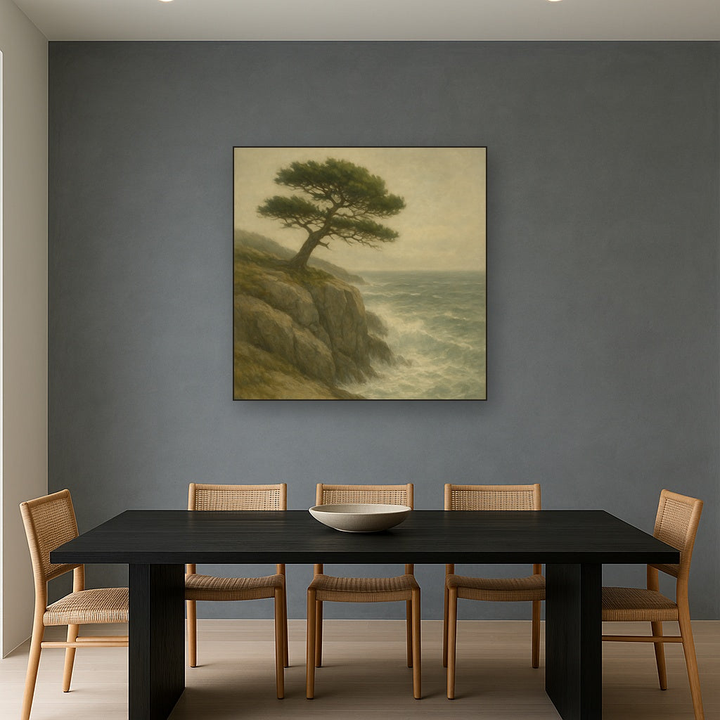 Wild Coastal Pine on Stormy Granite Cliff No. 3 Oil Painting Staged Above Dining Room Credenza, Elegant Hand Painted Oil Art for Dining Room Walls