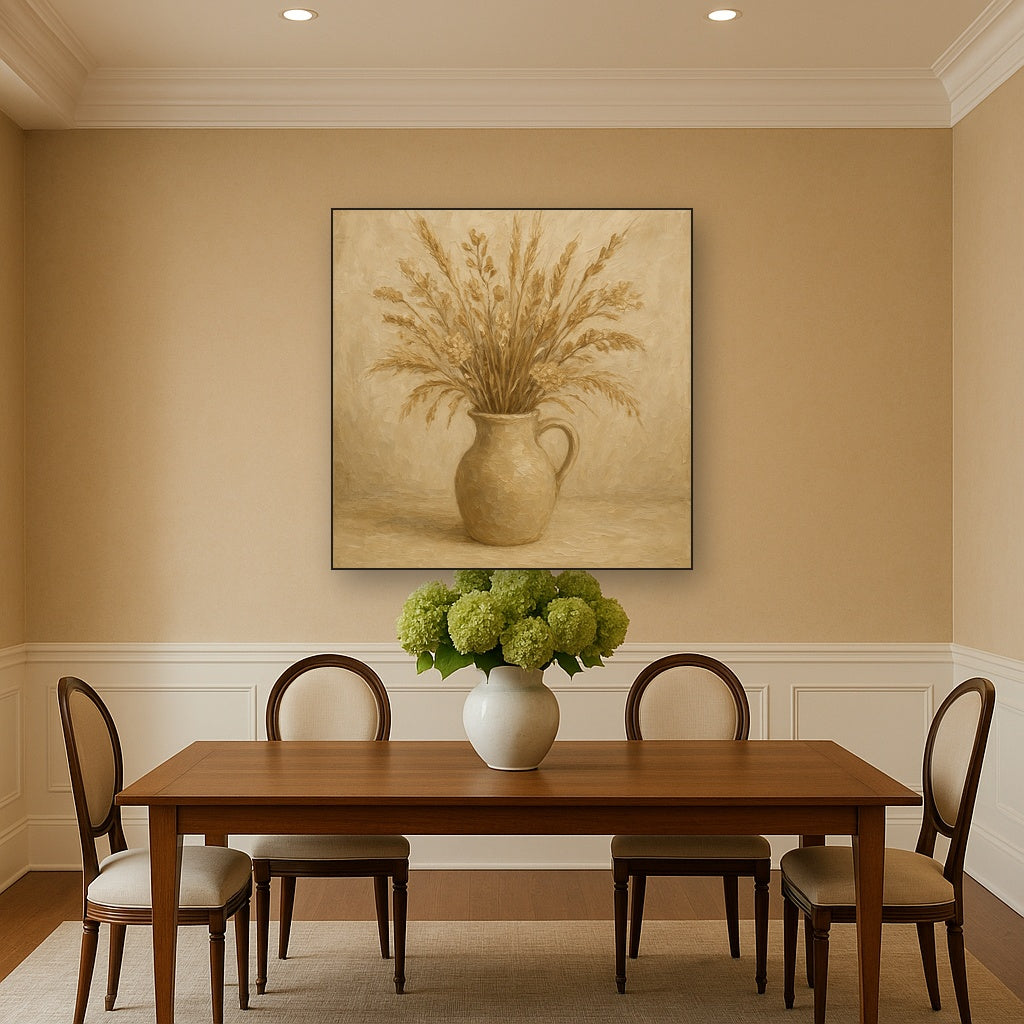 Wild Meadow Botanicals in Neutral Ceramic No. 2 Oil Painting - Styled in Elegant Dining Room
