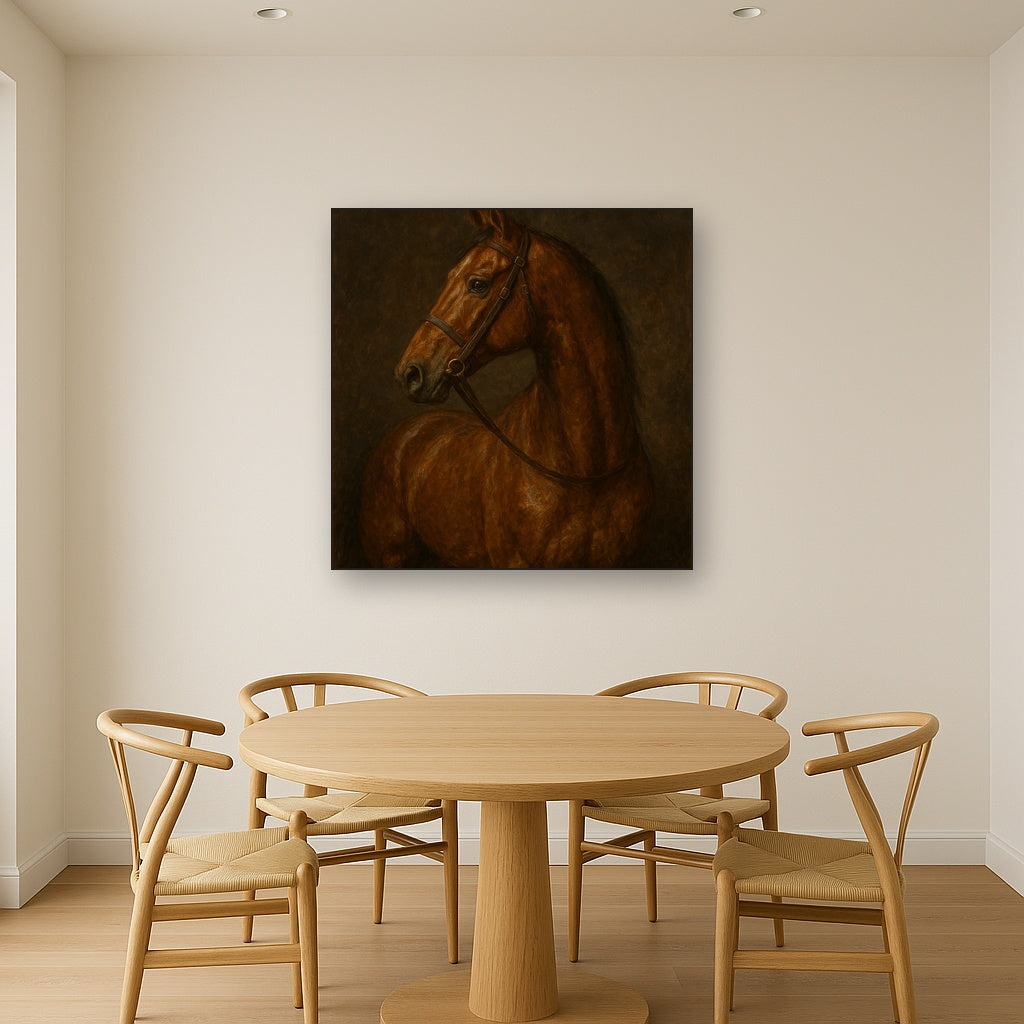 Vintage Equestrian Thoroughbred Portrait No. 5 Oil Painting - Styled in Elegant Dining Room