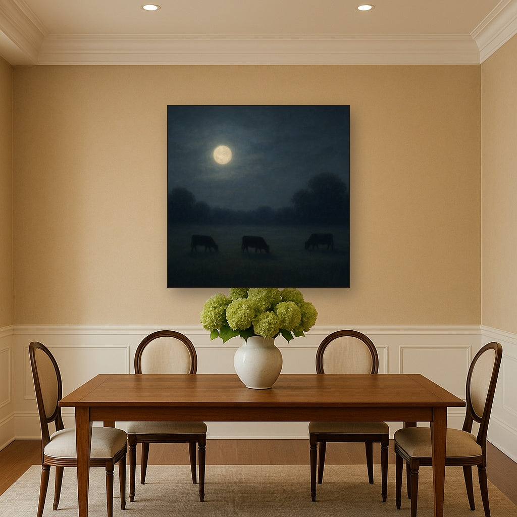 Moonlit Pastoral Meadow & Cattle Silhouettes No. 4 Oil Painting - View 4