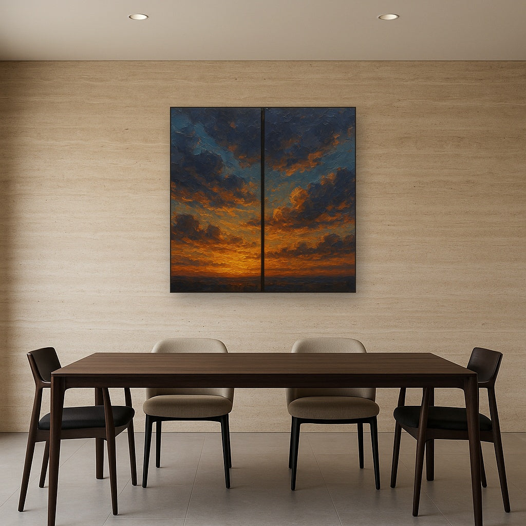 Luminescent Twilight Cloud Diptych Oil Painting - Styled in Elegant Dining Room