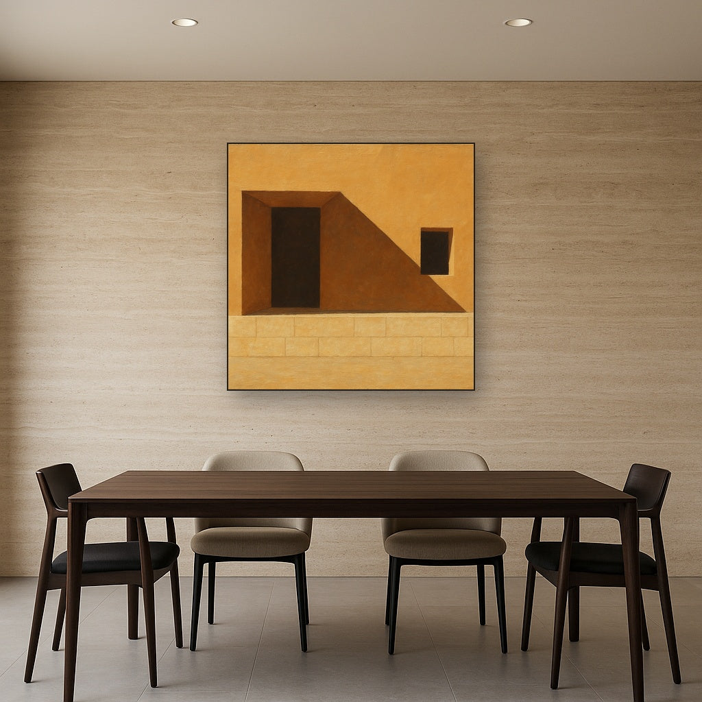 Minimalist Facade & Shadow Architectural Oil Painting - Styled in Elegant Dining Room