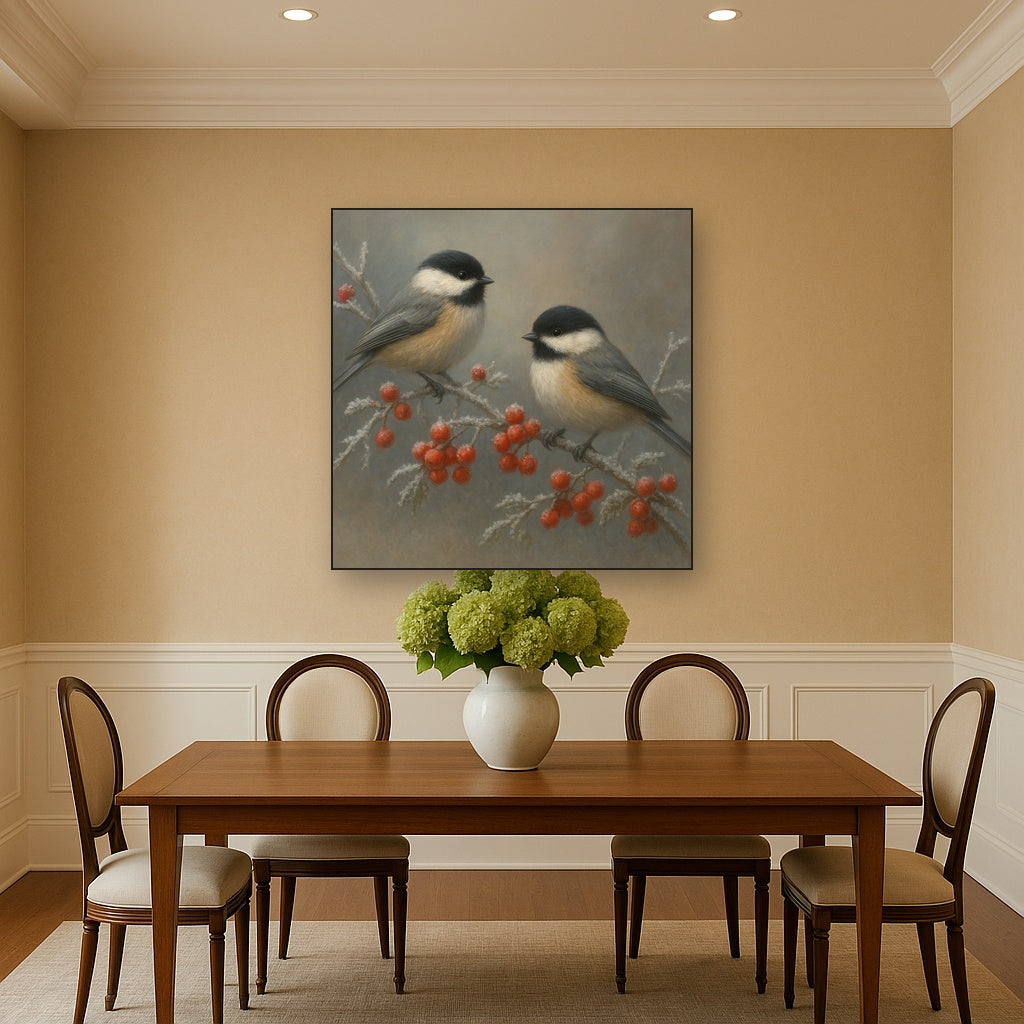 Winter Birds on Frosty Red Berry Branch No. 8 Oil Painting - View 4