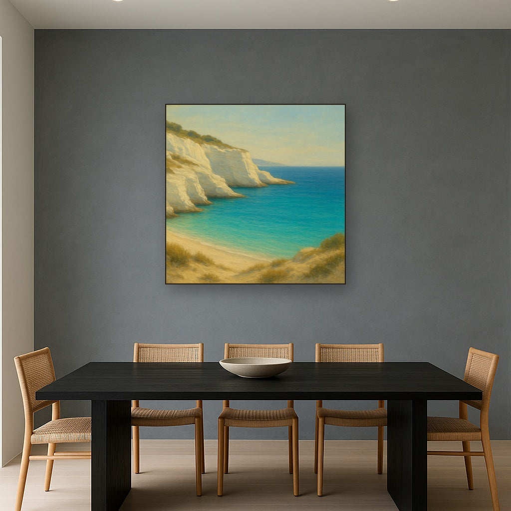 Mediterranean White Cliffs & Turquoise Cove No. 11 Oil Painting Staged Above Dining Room Credenza, Elegant Hand Painted Oil Art for Dining Room Walls