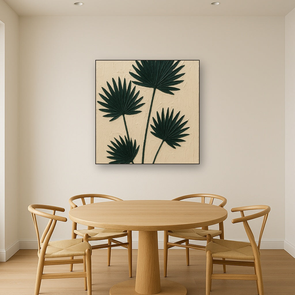 Sculptural Palm Fronds Botanical Oil Painting - Styled in Elegant Dining Room