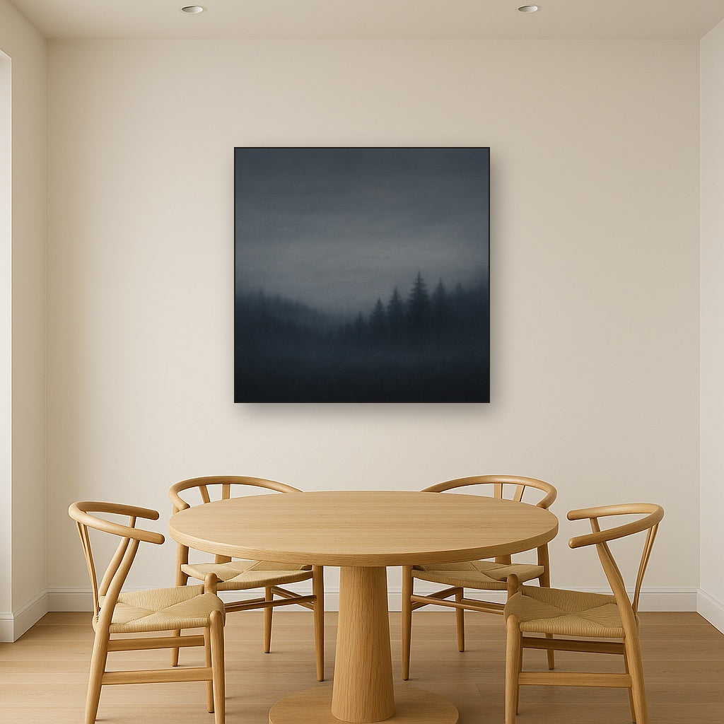 Dusk over Silent Pine Ridgeline in Charcoal Fog No. 9 Oil Painting Staged Above Dining Room Credenza, Elegant Hand Painted Oil Art for Dining Room Walls