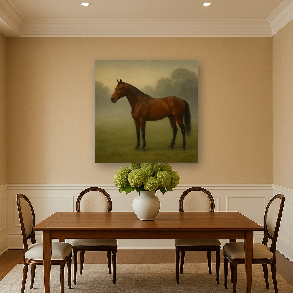 Thoroughbred in Morning Pasture Mist Oil Painting Staged Above Dining Room Credenza, Elegant Hand Painted Oil Art for Dining Room Walls