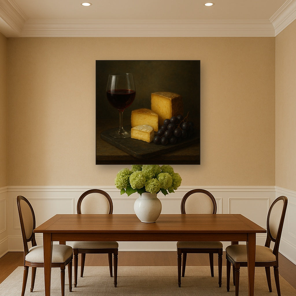 Burgundy Wine Glass & Aged Cheese Board No. 7 Oil Painting Staged Above Dining Room Credenza, Elegant Hand Painted Oil Art for Dining Room Walls