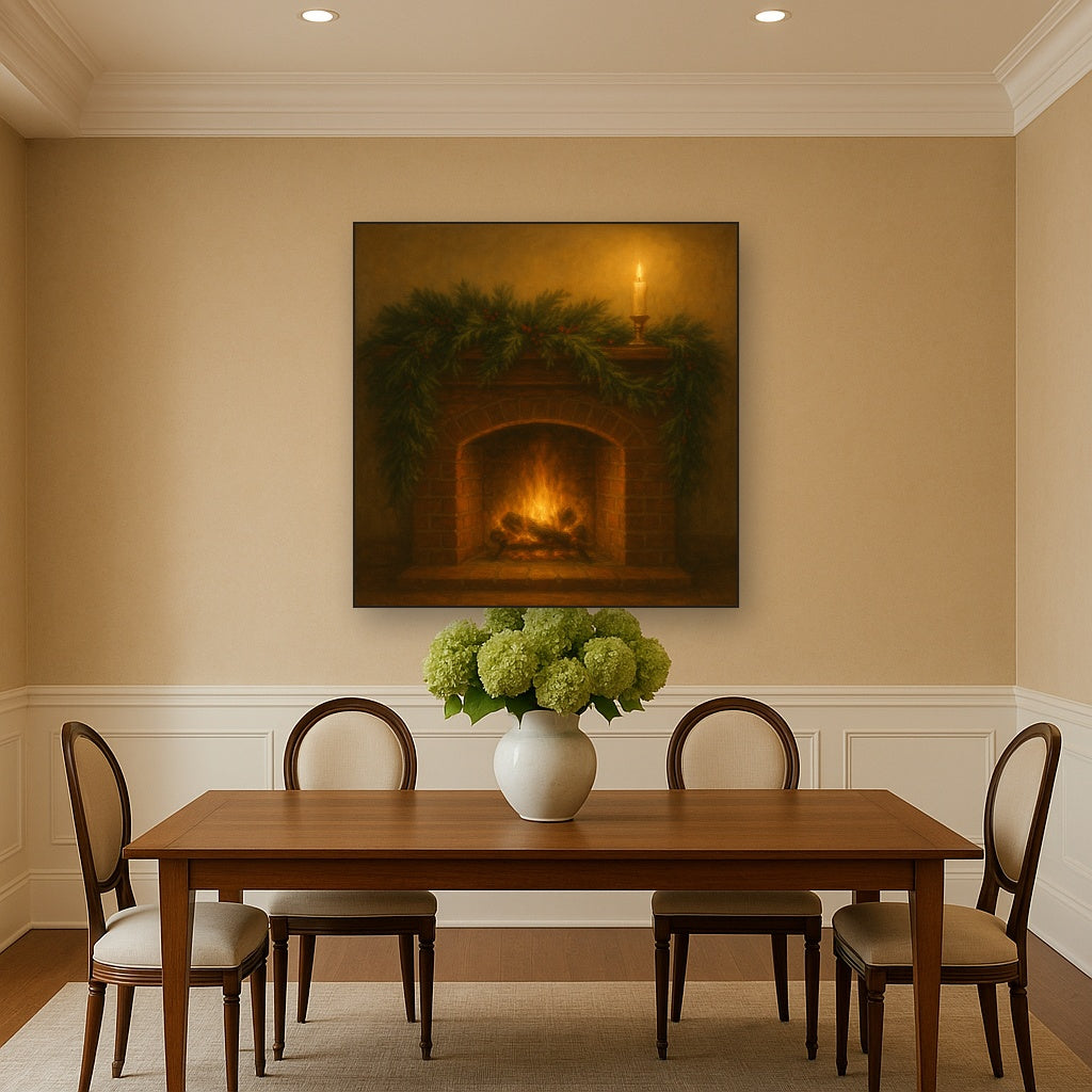 Vintage Fireside Hearth & Cedar Garlands No. 5 Oil Painting Staged Above Dining Room Credenza, Elegant Hand Painted Oil Art for Dining Room Walls