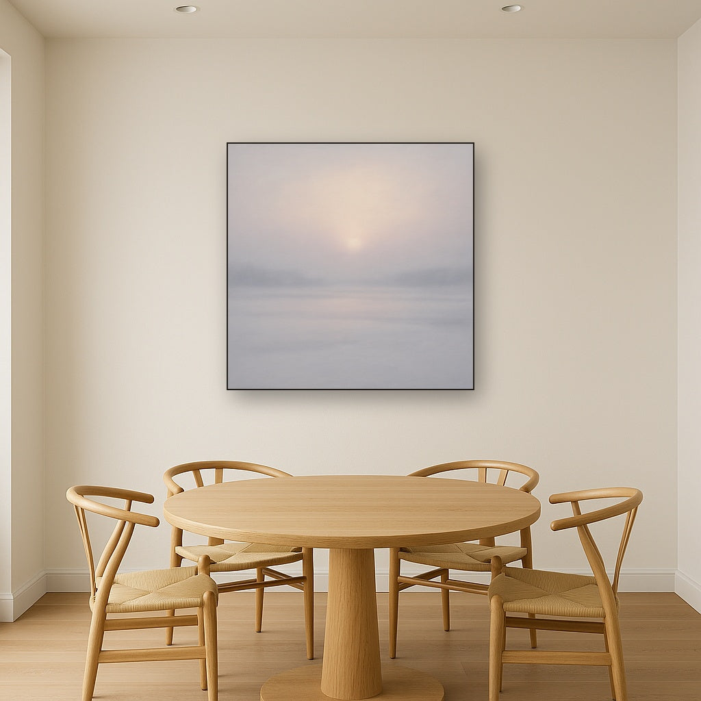 Winter Dawn Frost & Pale Silver Light No. 4 Oil Painting Staged Above Dining Room Credenza, Elegant Hand Painted Oil Art for Dining Room Walls