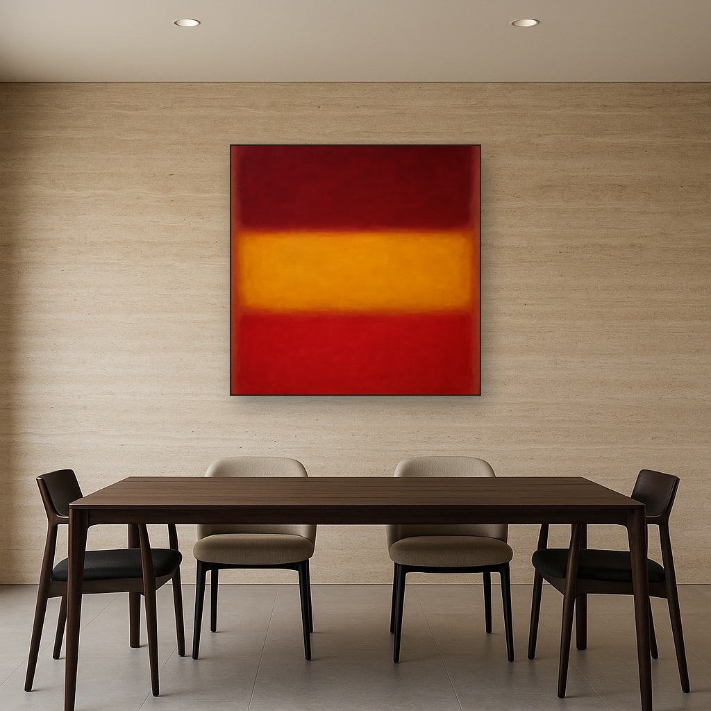 Crimson Burgundy & Saffron Gold Color Vibrations No. 6 Oil Painting Staged Above Dining Room Credenza, Elegant Hand Painted Oil Art for Dining Room Walls